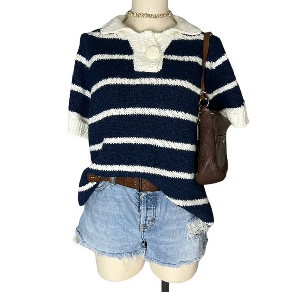 Vintage Tops - Vintage Costal Short Sleeve Knit Sweater Top Blue White Collar Beachy Nautical